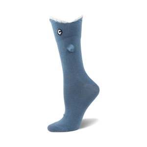womens blue novelty shark bite 3d crew socks with grey fin, white belly, and black eye. made from a cotton blend and one size fits most.  