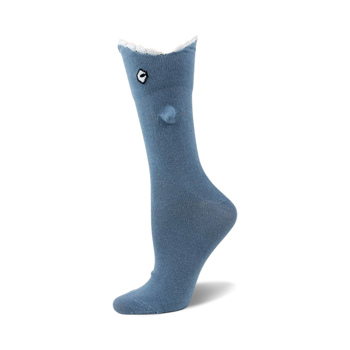 womens blue novelty shark bite 3d crew socks with grey fin, white belly, and black eye. made from a cotton blend and one size fits most.  