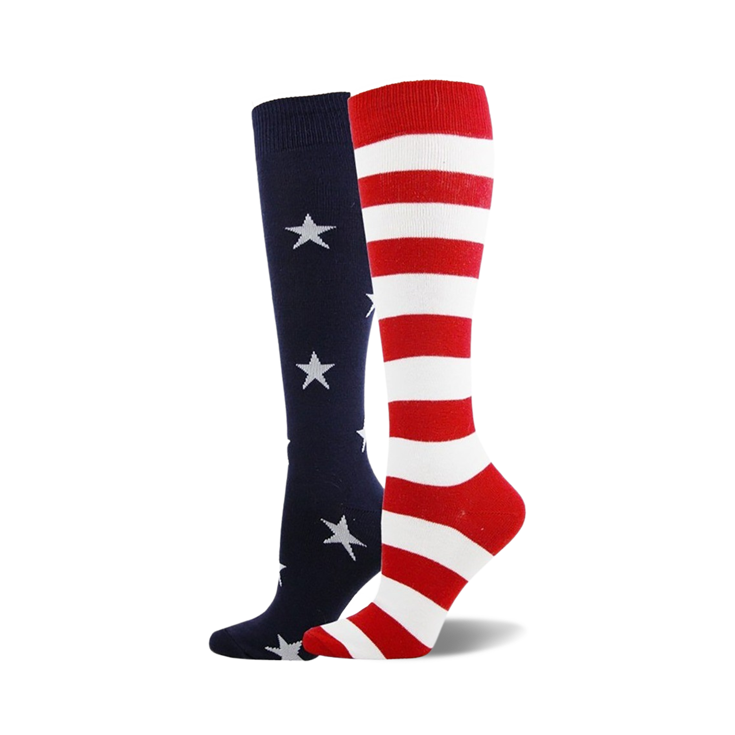 Pair of knee-high socks. One navy blue with white stars, the other red and white striped.  Patriotic American flag theme.