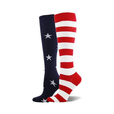 dark blue knee-high socks for women with white stars on one sock and red and white stripes on the other.  