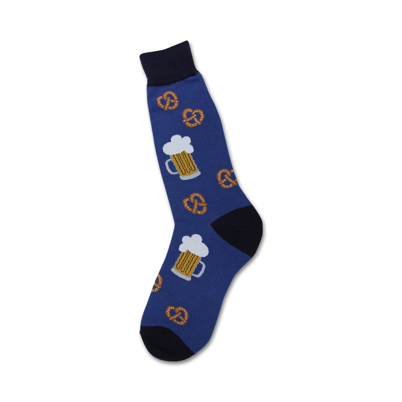 Blue crew socks with a fun print of beer steins and pretzels. A quirky and comfortable choice for everyday wear.