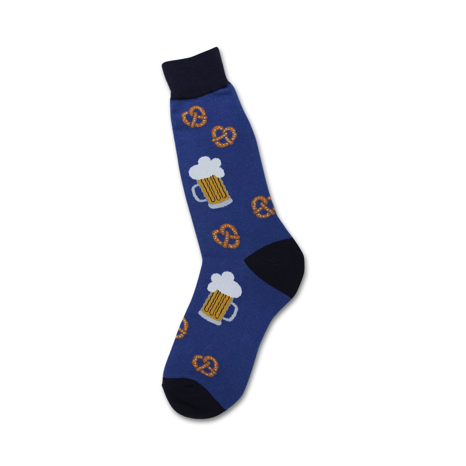 Blue crew socks with a fun print of beer steins and pretzels. A quirky and comfortable choice for everyday wear.