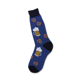 mens crew socks with allover pattern of beer steins and pretzels.   