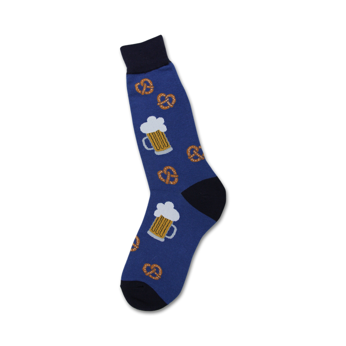 mens crew socks with allover pattern of beer steins and pretzels.    }}
