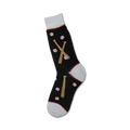 Dark gray crew socks with a baseball theme.  Features crossed baseball bats and baseballs. White cuff with red stitching detail.