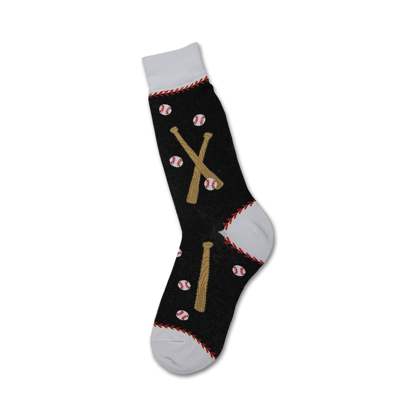 Dark gray crew socks with a baseball theme.  Features crossed baseball bats and baseballs. White cuff with red stitching detail.