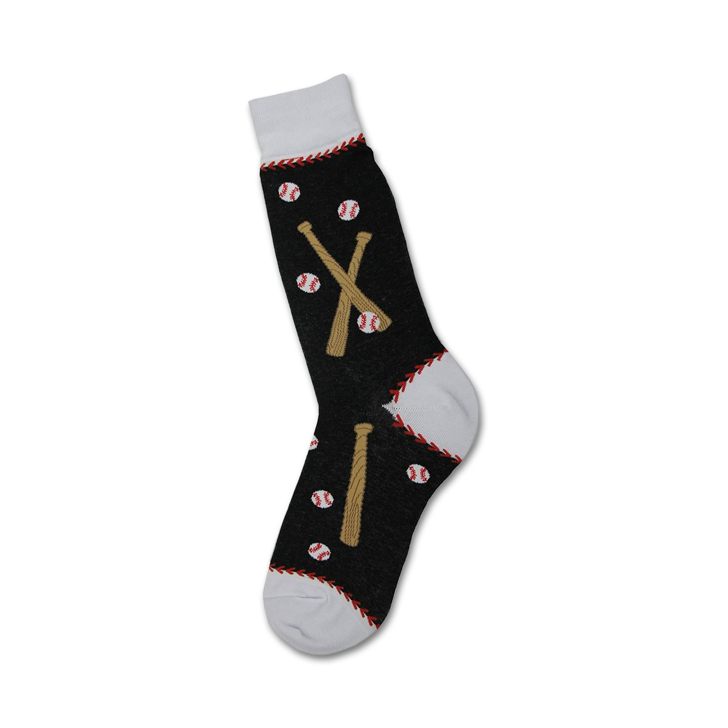 Dark gray crew socks with a baseball theme.  Features crossed baseball bats and baseballs. White cuff with red stitching detail.