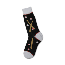 black crew socks with baseball and bat pattern; white toe, heel, and top.   