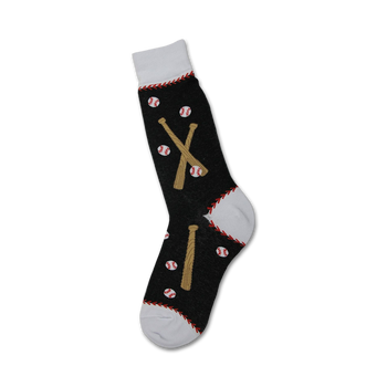 black crew socks with baseball and bat pattern; white toe, heel, and top.   