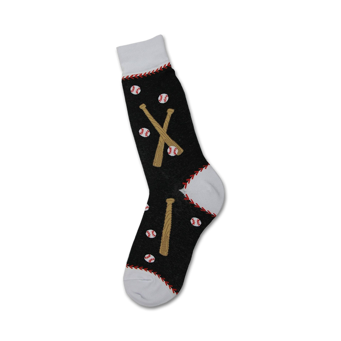 black crew socks with baseball and bat pattern; white toe, heel, and top.    }}
