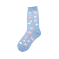 Light blue crew sock with a pattern of pink flying pigs and white clouds.
