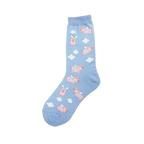 Light blue crew sock with a pattern of pink flying pigs and white clouds.