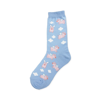 Light blue crew sock with a pattern of pink flying pigs and white clouds.