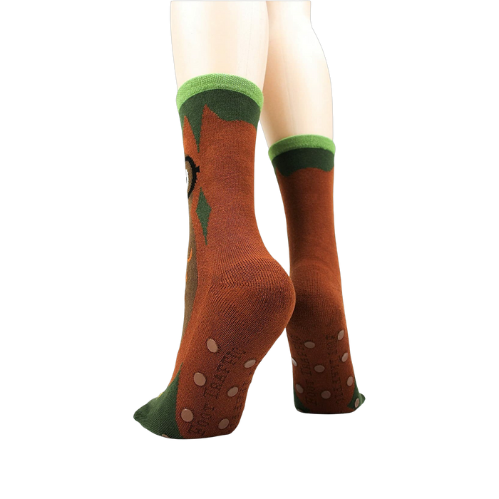 Back view of socks on a model showing the non-skid grip.