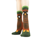 Close-up of the socks' front showing the owl design detail.