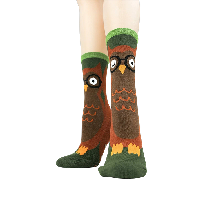 Close-up of the socks' front showing the owl design detail.
