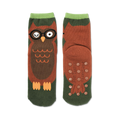 Brown and green owl slipper socks with non-skid bottoms.  Owls wear glasses. Cute and comfy!
