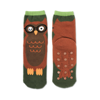 Brown and green owl slipper socks with non-skid bottoms.  Owls wear glasses. Cute and comfy!