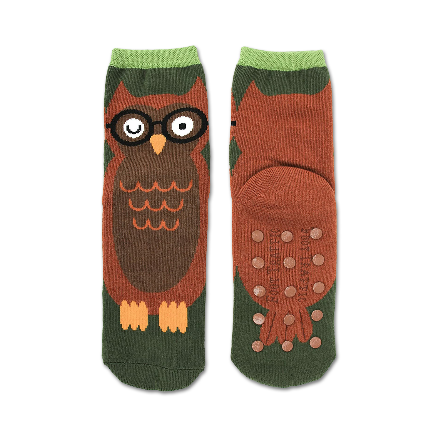Brown and green owl slipper socks with non-skid bottoms.  Owls wear glasses. Cute and comfy!