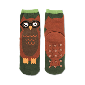 owls, brown, green, women, crew, non-skid sole slipper socks  