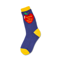 Crew socks in navy blue with a yellow cuff. A red apple graphic on the side says 'Teaching is a work of heart'.