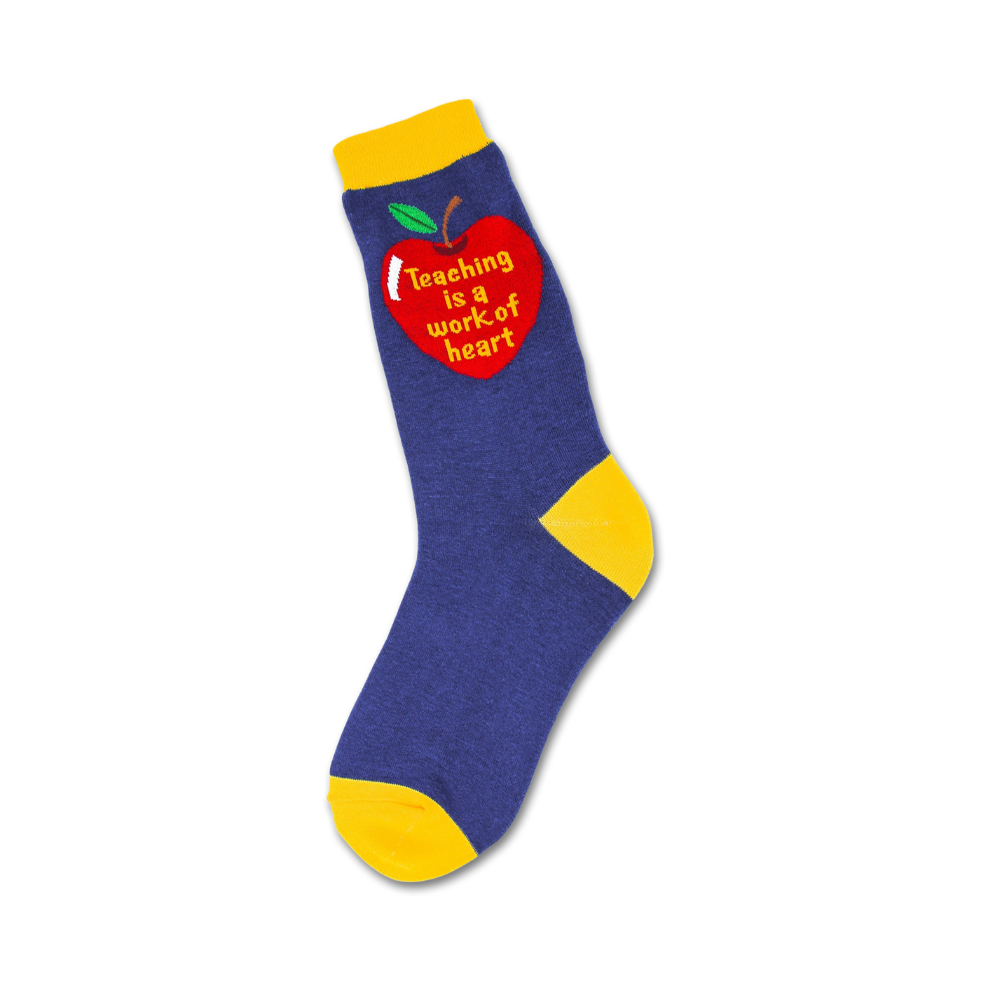 Crew socks in navy blue with a yellow cuff. A red apple graphic on the side says 'Teaching is a work of heart'.