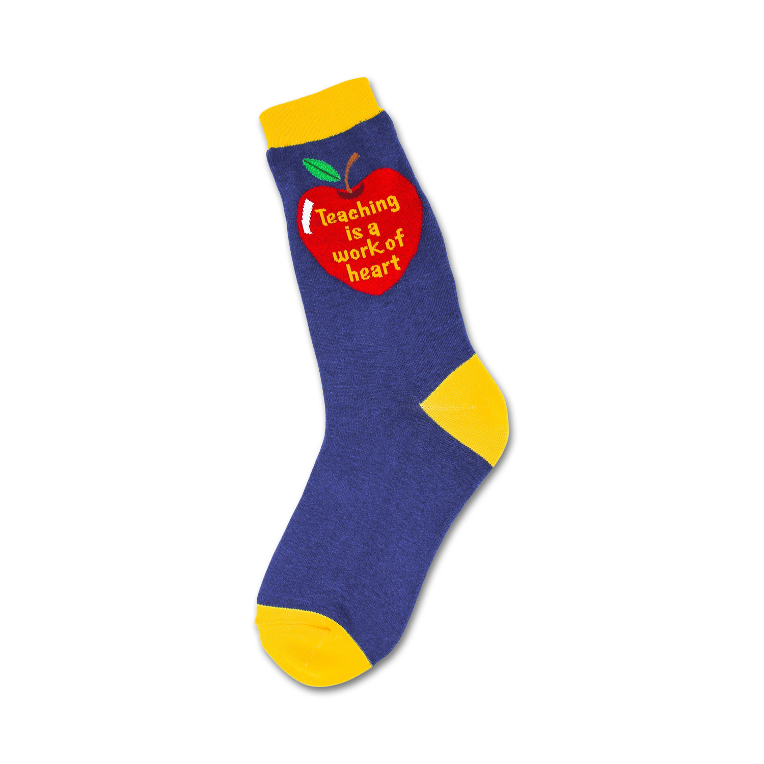 Crew socks in navy blue with a yellow cuff. A red apple graphic on the side says 'Teaching is a work of heart'.