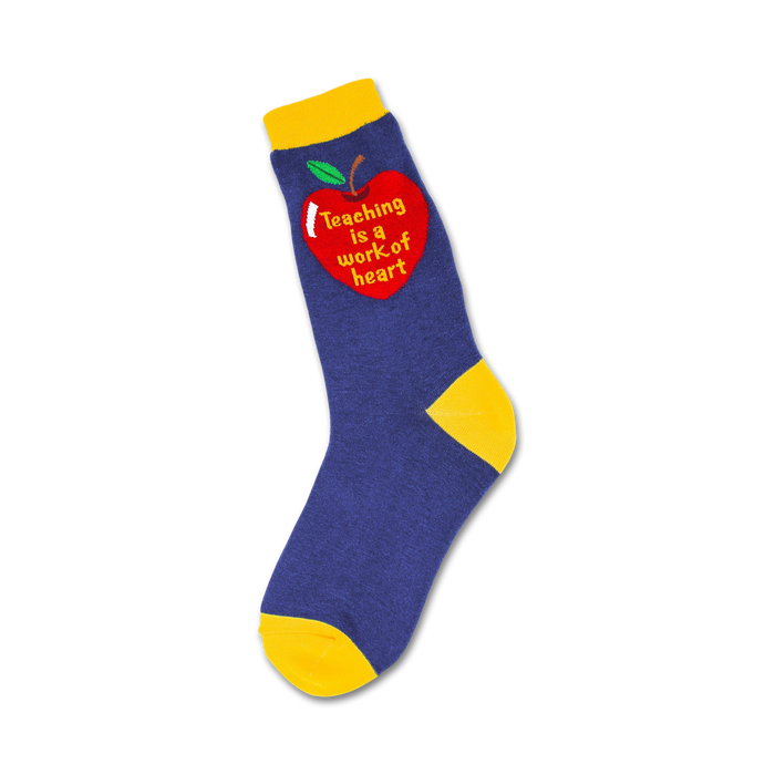 womens blue crew socks with red heart, green leaf. 