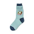 Crew socks in light blue and navy blue, featuring a design of stacked books and a coffee cup, along with a Hemingway quote.