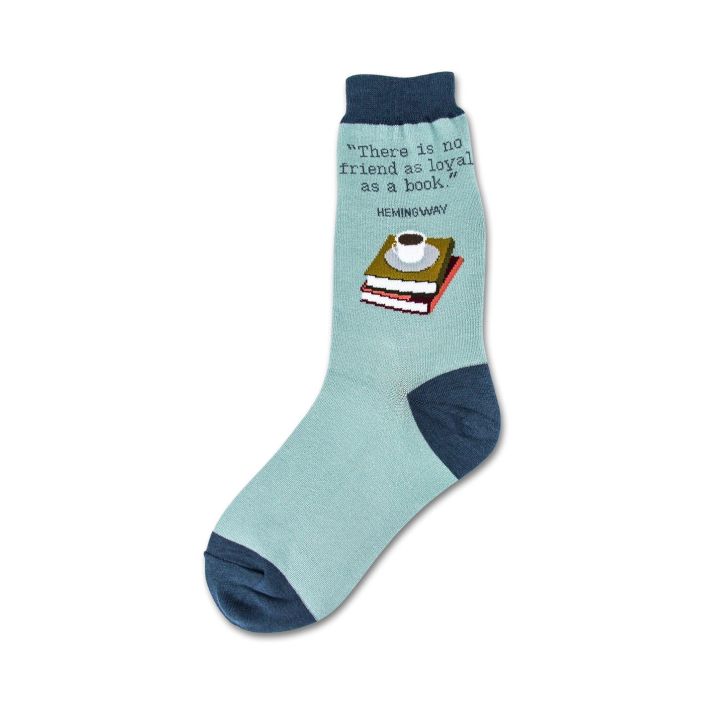 Crew socks in light blue and navy blue, featuring a design of stacked books and a coffee cup, along with a Hemingway quote.