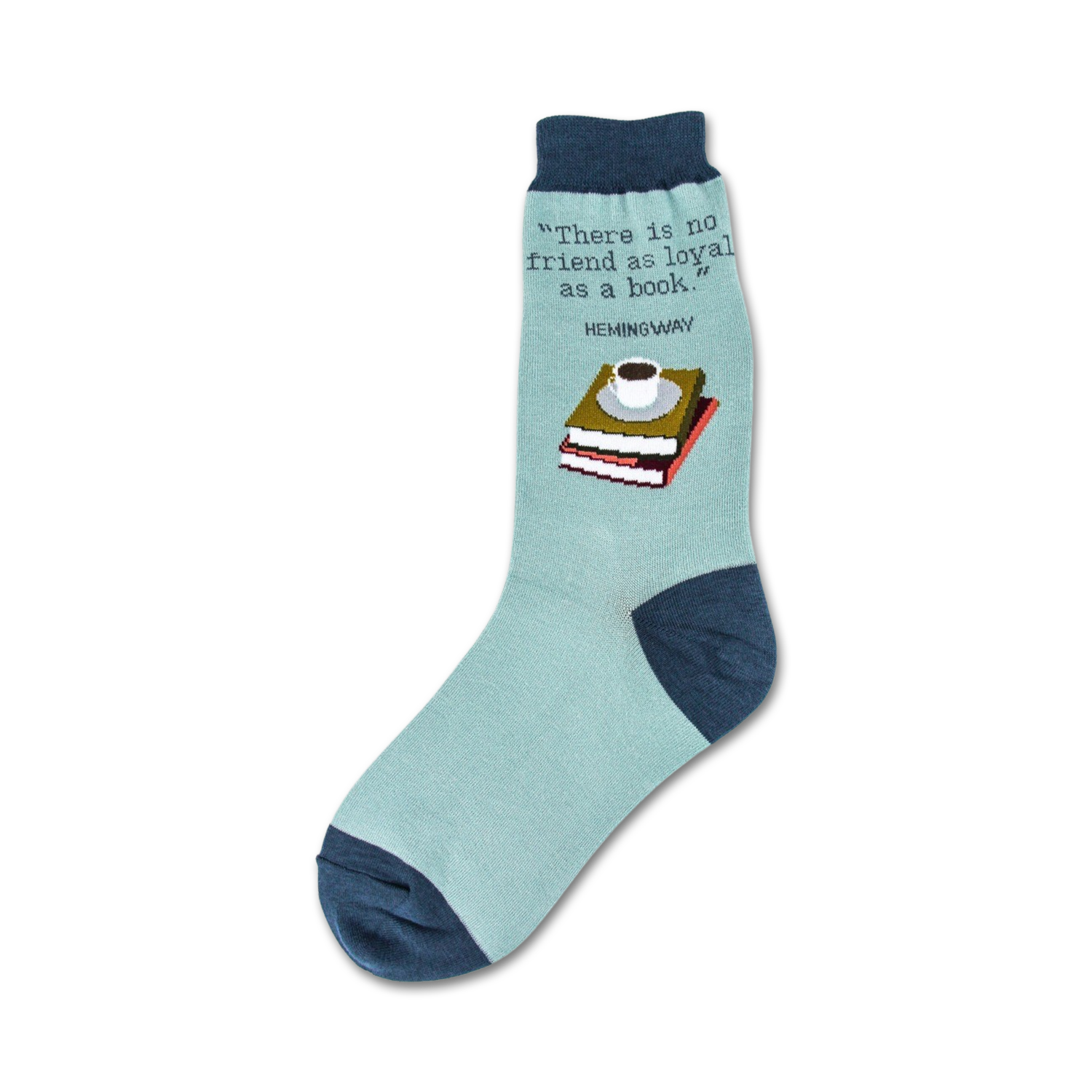 Crew socks in light blue and navy blue, featuring a design of stacked books and a coffee cup, along with a Hemingway quote.