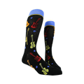 Pair of black crew socks with guitar designs shown on a mannequin.