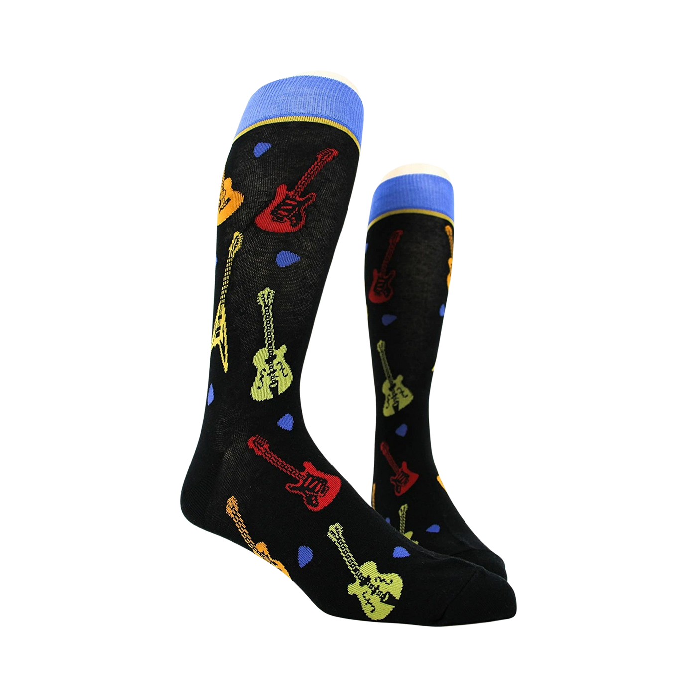 Pair of black crew socks with guitar designs shown on a mannequin.