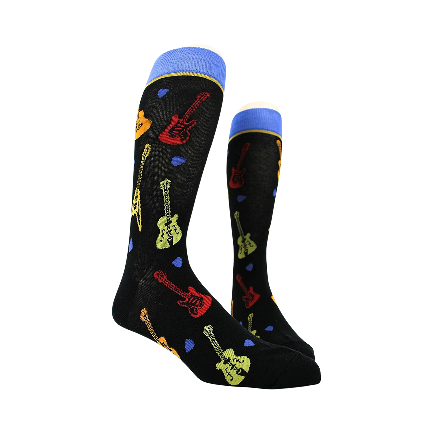 Pair of black crew socks with guitar designs shown on a mannequin.