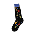 Black crew socks with colorful guitar and pick designs. Blue and yellow accents at the top.