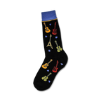 Black crew socks with colorful guitar and pick designs. Blue and yellow accents at the top.