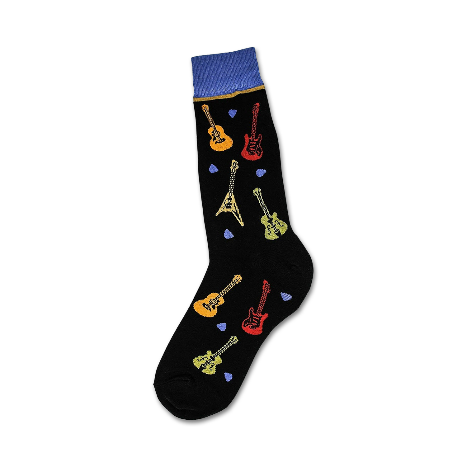 Black crew socks with colorful guitar and pick designs. Blue and yellow accents at the top.