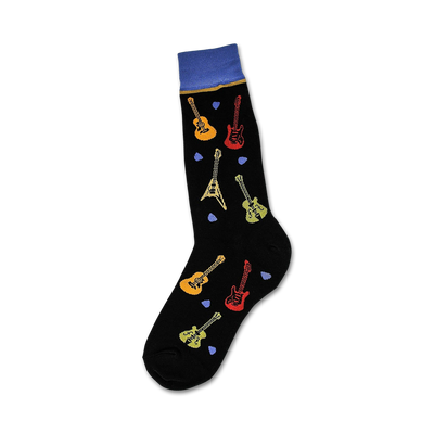 mens black crew socks with colorful guitars.  