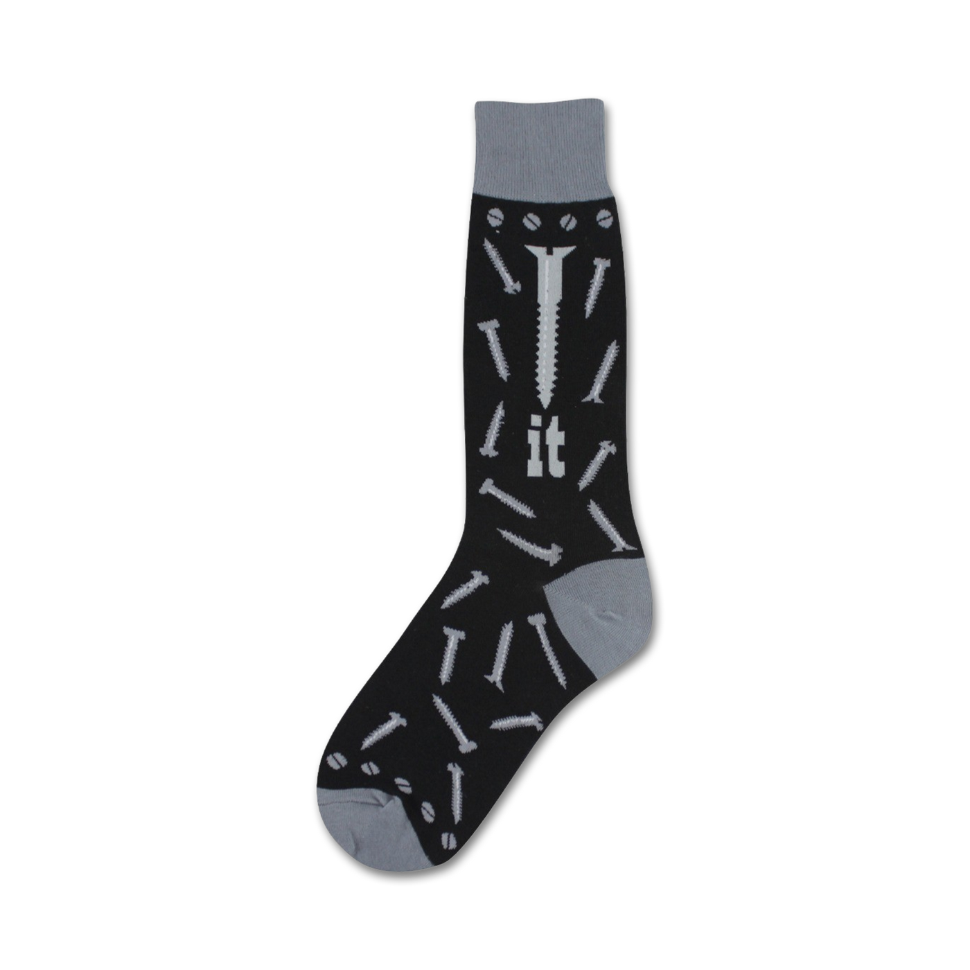 Black crew socks with a light grey screw design and the word 'it'.