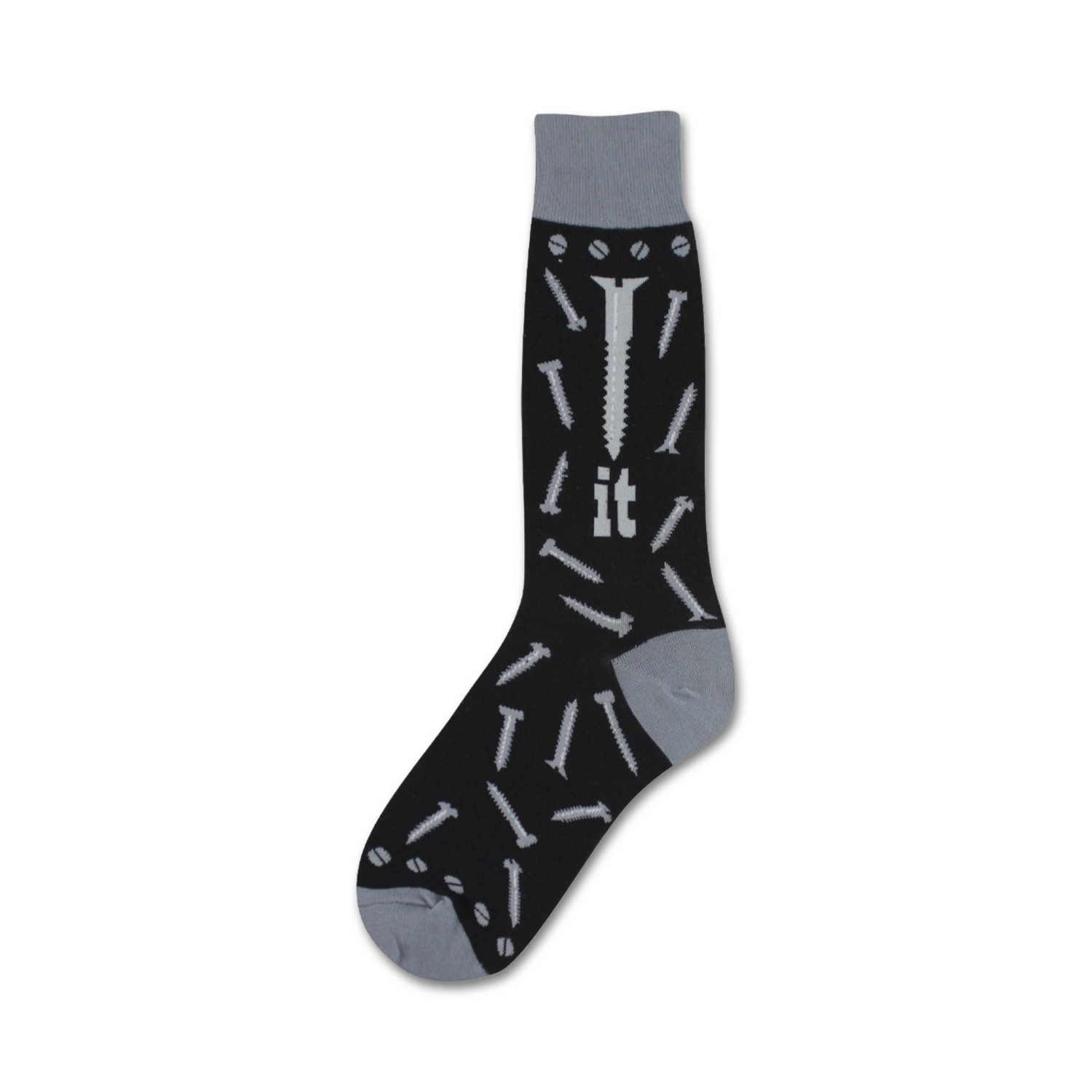 Black crew socks with a light grey screw design and the word 'it'.