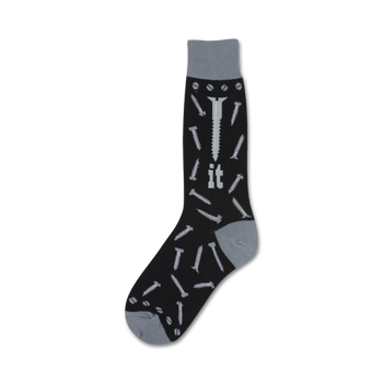 mens crew socks with gray construction screw pattern and "it" in gray.   