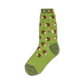 Green crew socks with a pattern of brown hedgehogs and a single orange flower. The socks have a green cuff.