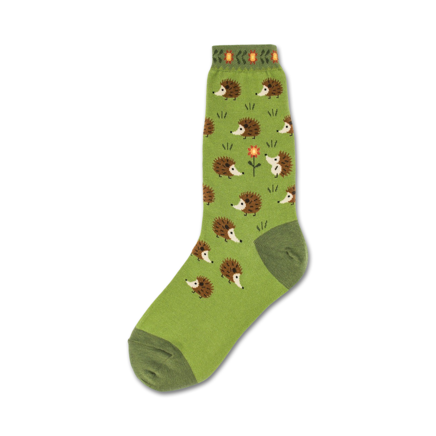 Green crew socks with a pattern of brown hedgehogs and a single orange flower. The socks have a green cuff.