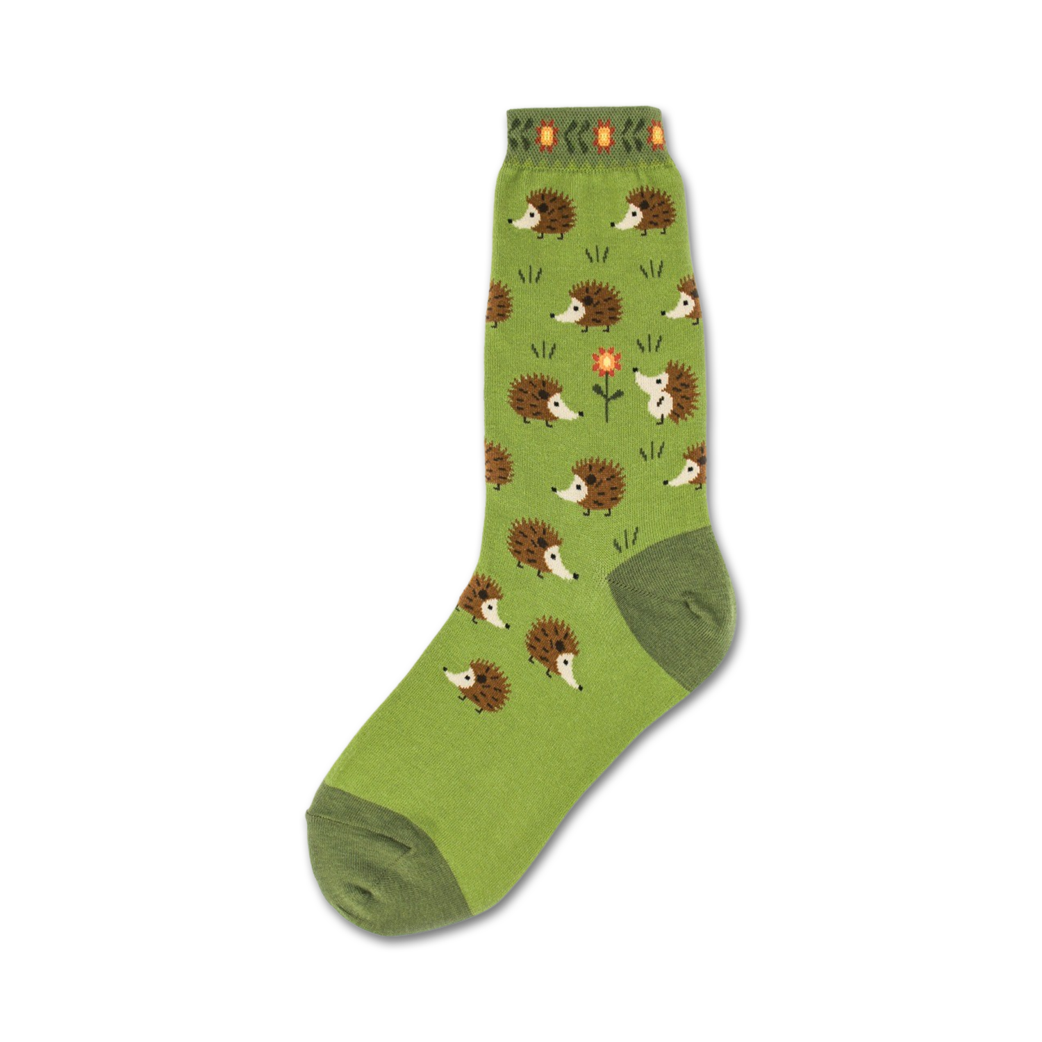 Green crew socks with a pattern of brown hedgehogs and a single orange flower. The socks have a green cuff.