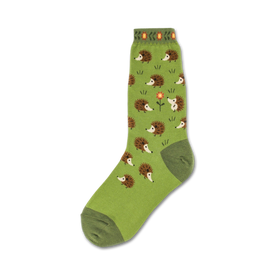 green crew socks with a pattern of brown hedgehogs with peach-colored bellies and an orange flower with a peach colored center.  