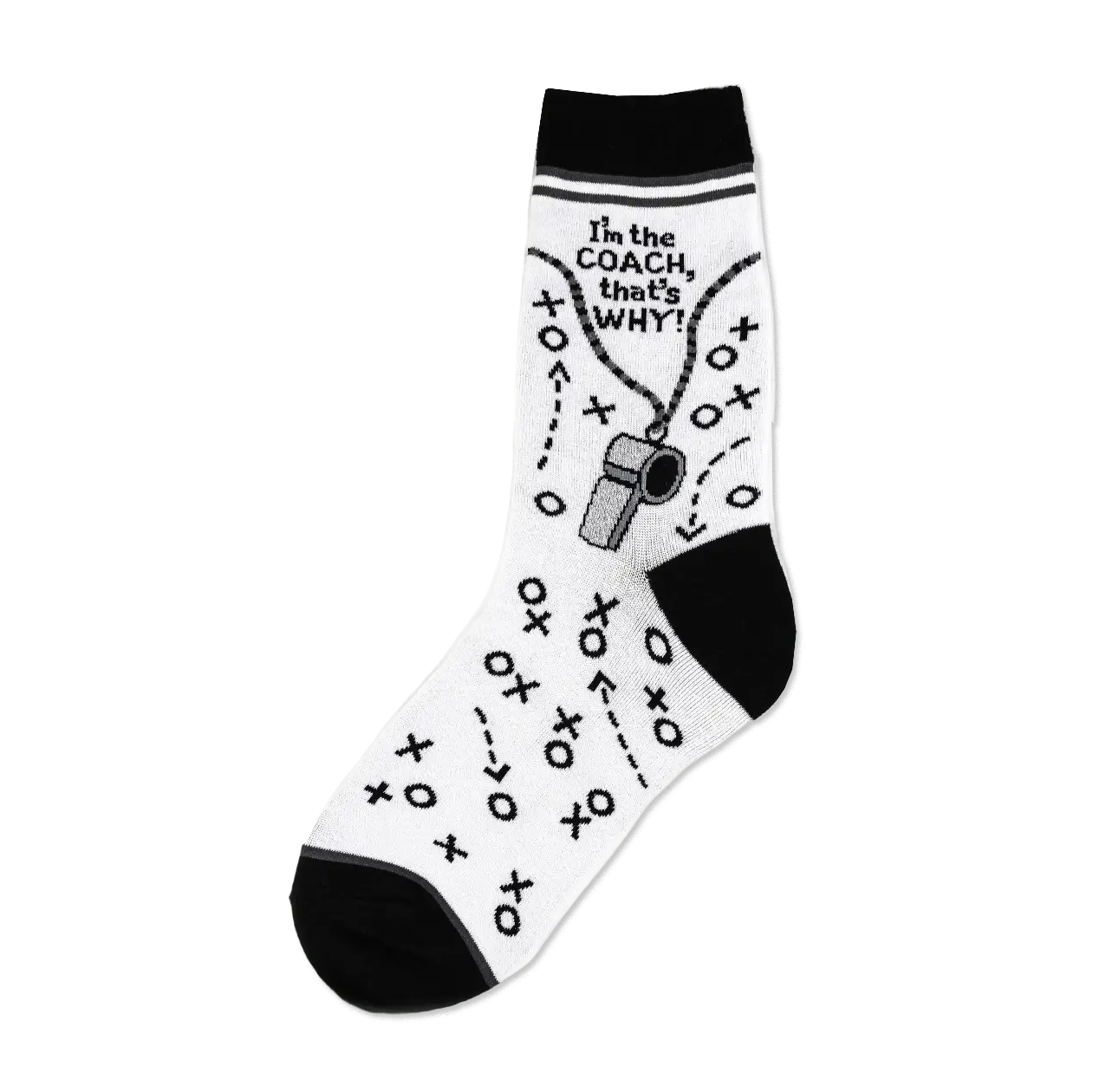 White crew socks with black accents. Design includes a whistle, playbook Xs and Os, and the text 'I'm the COACH, that's WHY!'