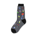 Grey crew socks with colorful science illustrations: beakers, atoms, molecules, and the word 'POP!'