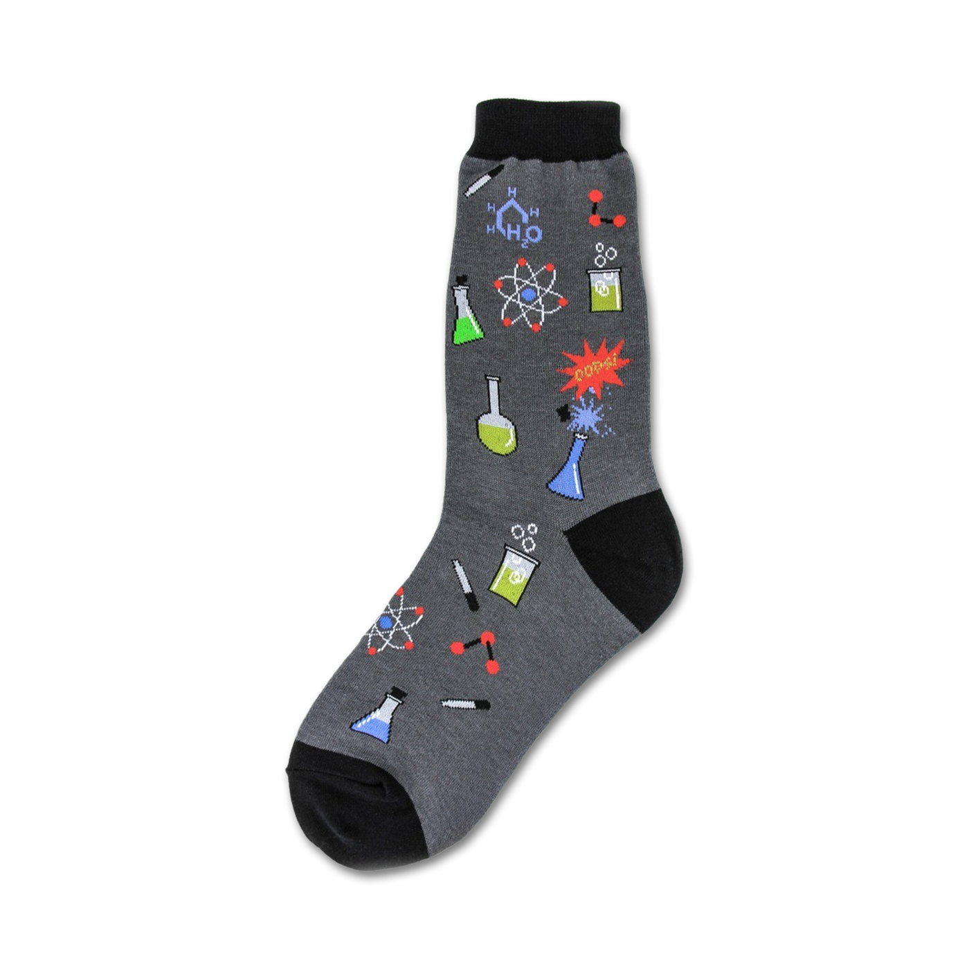 Grey crew socks with colorful science illustrations: beakers, atoms, molecules, and the word 'POP!'