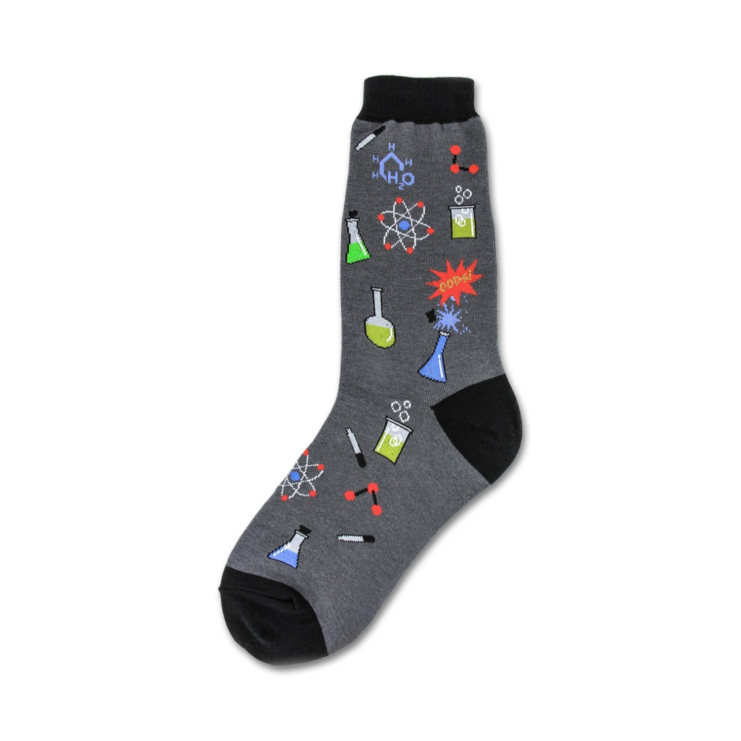 Grey crew socks with colorful science illustrations: beakers, atoms, molecules, and the word 'POP!'