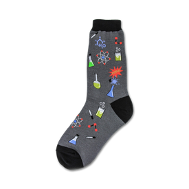 gray crew socks with colorful chemistry-related images, including beakers, test tubes, atoms, and molecules.   